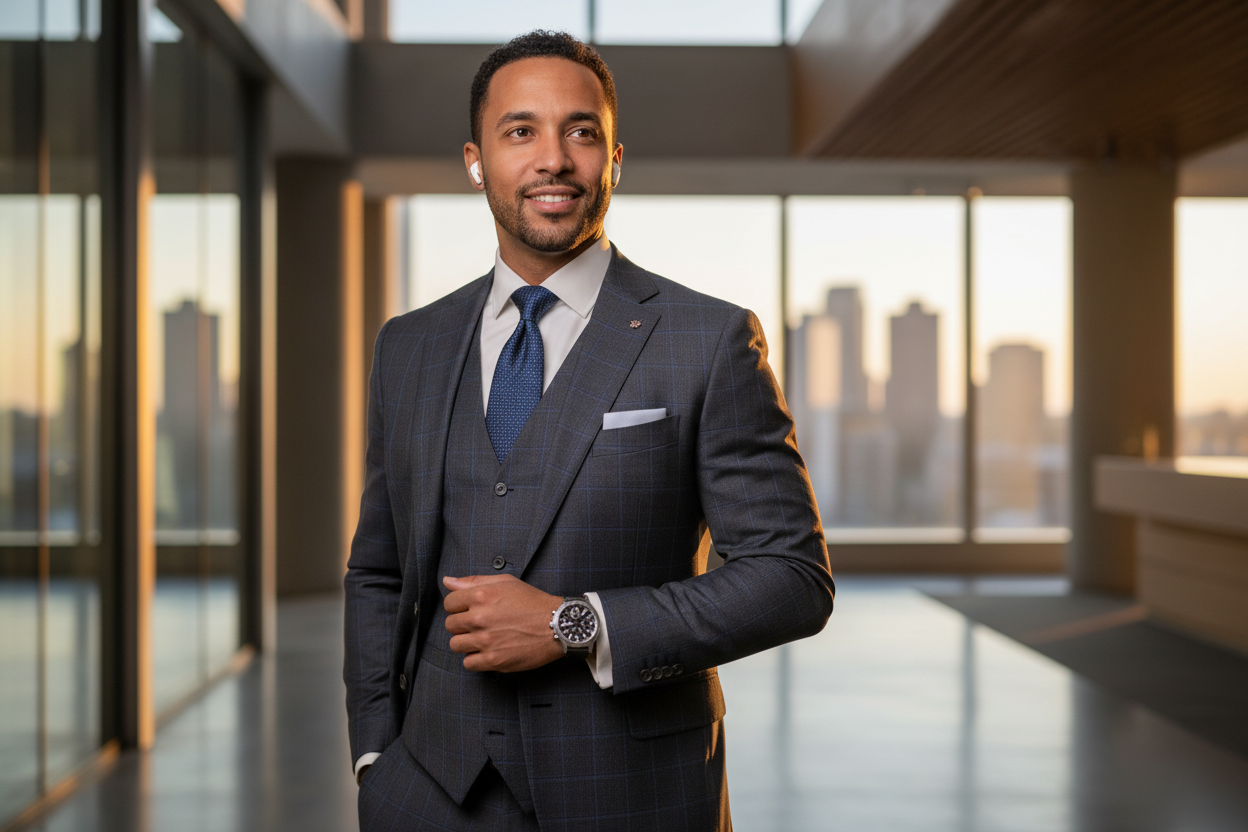 Professional man with watch and earbuds
